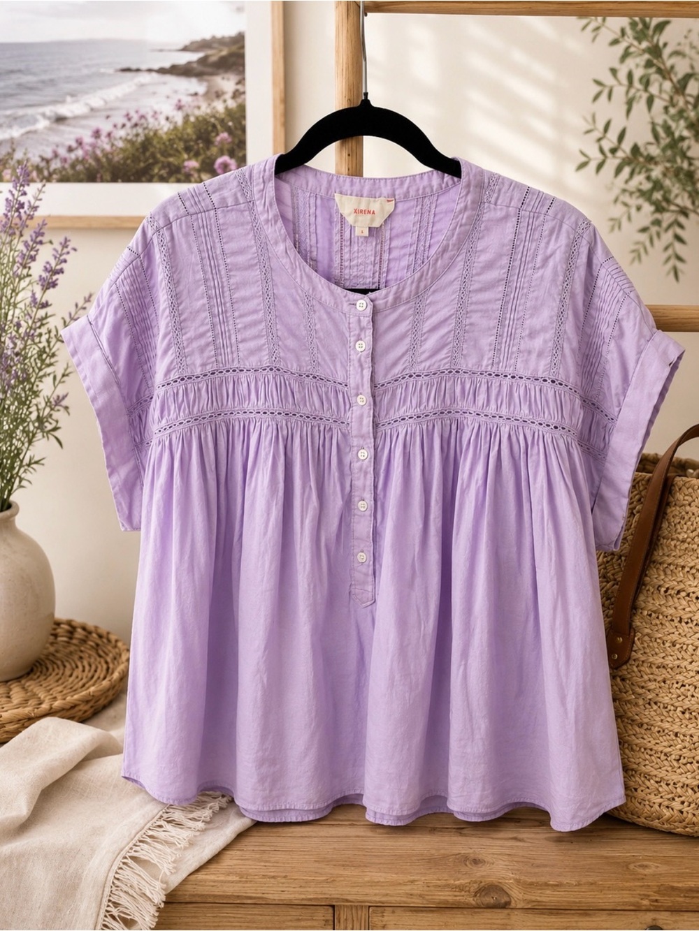 Xirena Louelle Top Purple Button-Front Women’s Peasant Top Sz XL P2P 31’